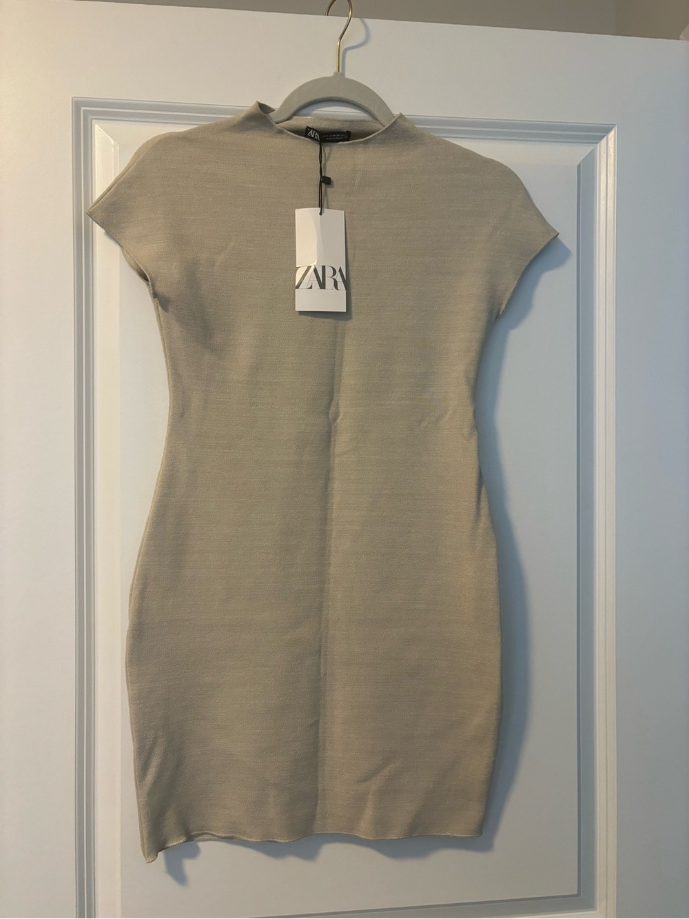 Zara Beige Mock-Neck Knit Mini Dress